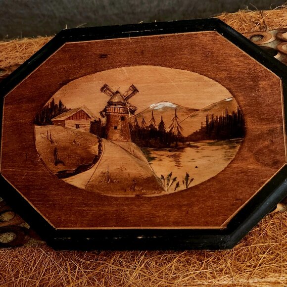 1 pc Vintage 3-D Wood Carving Quebec Folk Art cabin, windmill river mountains - Picture 1 of 5